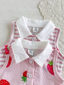 SHEIN Vintaside Kids 两件套女婴翻领无袖连衣裙，荷叶边下摆，粉色条纹领，草莓印花，休闲可爱夏日连衣裙，适合日常穿着或度假 - 彩色 - 查看 9