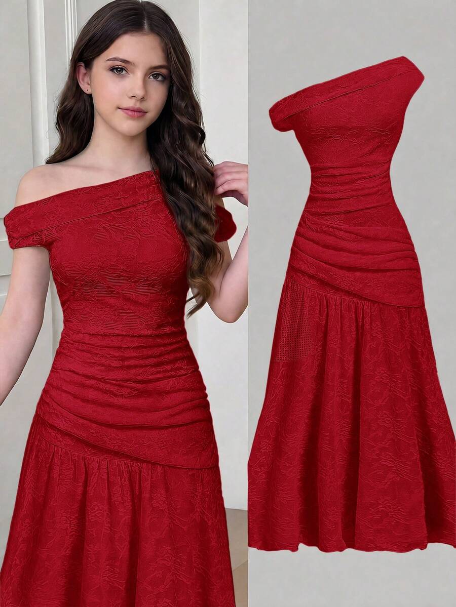 SHEIN Girlism 少女蕾丝边饰褶皱肩部优雅长裙,适合通勤和正式场合 - 酒紅色 - 查看 1