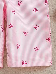 SHEIN 2 pezzi Outfit casual e alla moda per bambine, stile coreano minimalista, include: Maglietta a girocollo a costine bianca a maniche corte + Pantaloni salopette con stampa a farfalla a righe rosa in tessuto tessuto, adatto per uscite quotidiane estive, scuola, shopping, viaggi, picnic, parchi divertimento e altre occasioni - Rosa - Visualizzare 10