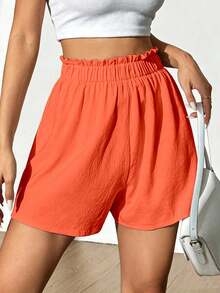 Flirla Women's Summer Casual Solid Color Ruffle Waist Shorts - Orange - View 4