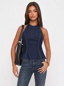 Avantive Women's Casual Denim Halter Neck Top For Daily Wear Night Navy Blue Summer - Dark Wash - View 6