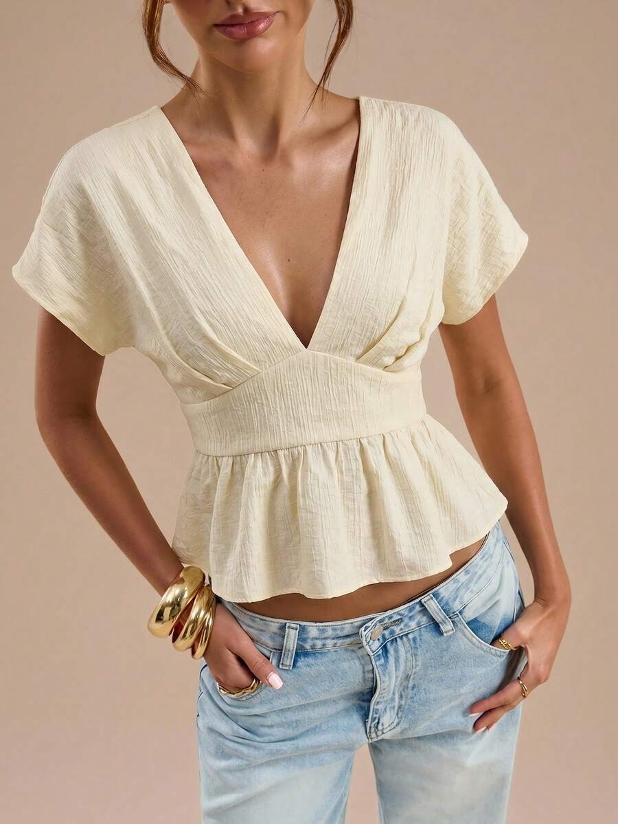 SHEIN BAE Women's Casual Elegant European Sexy Tropical Solid Color Waist Cinched Short Sleeve Top, Summer Vacation Beige - Apricot - View 1