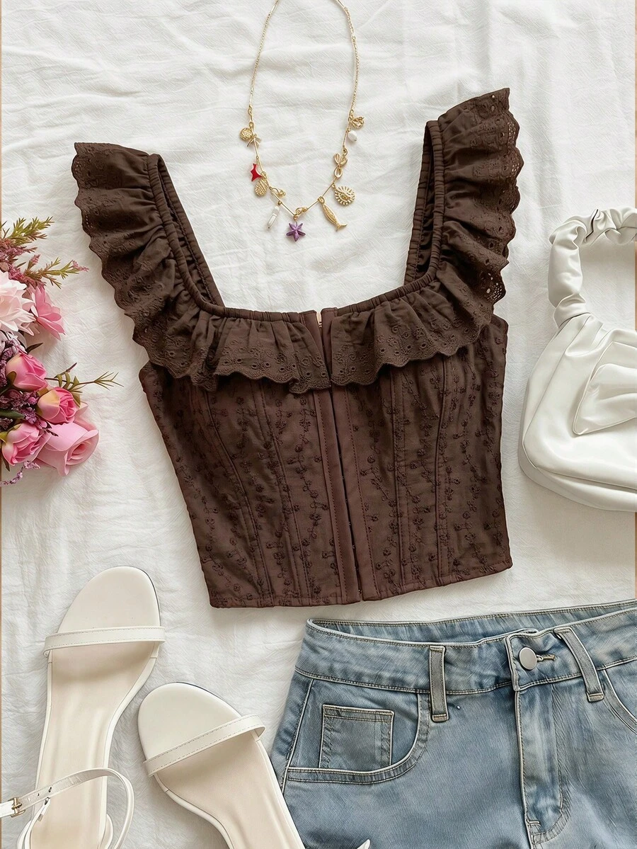 Soleia Atasan Wanita Polos dengan Hiasan Ruffle, Kasual, Serbaguna untuk Pemakaian Sehari-hari - Coffee Brown - View 1