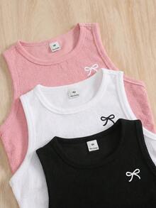 SHEIN Tween Girl 3-Piece Set: Solid Color Knit Crew Neck Bow Print Cropped Casual Tank Top - Multicolor - View 4