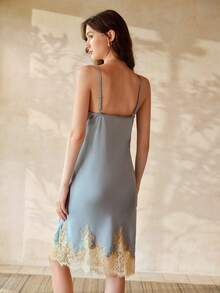MOTF PREMIUM WOMEN'S CONTRAST LACE COLORBLOCK CAMI NIGHTGOWN - Blue - View 3