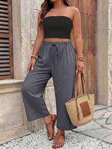 SHEIN Frenchy 女款大尺碼卡其色七分褲、大尺碼長褲、休閒百搭通勤七分褲 - 灰色 - 查看 6