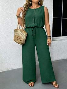 SHEIN Tall CURVE Plus Size Women Backless Embroidered Waist Jumpsuit - Dark Green - View 1