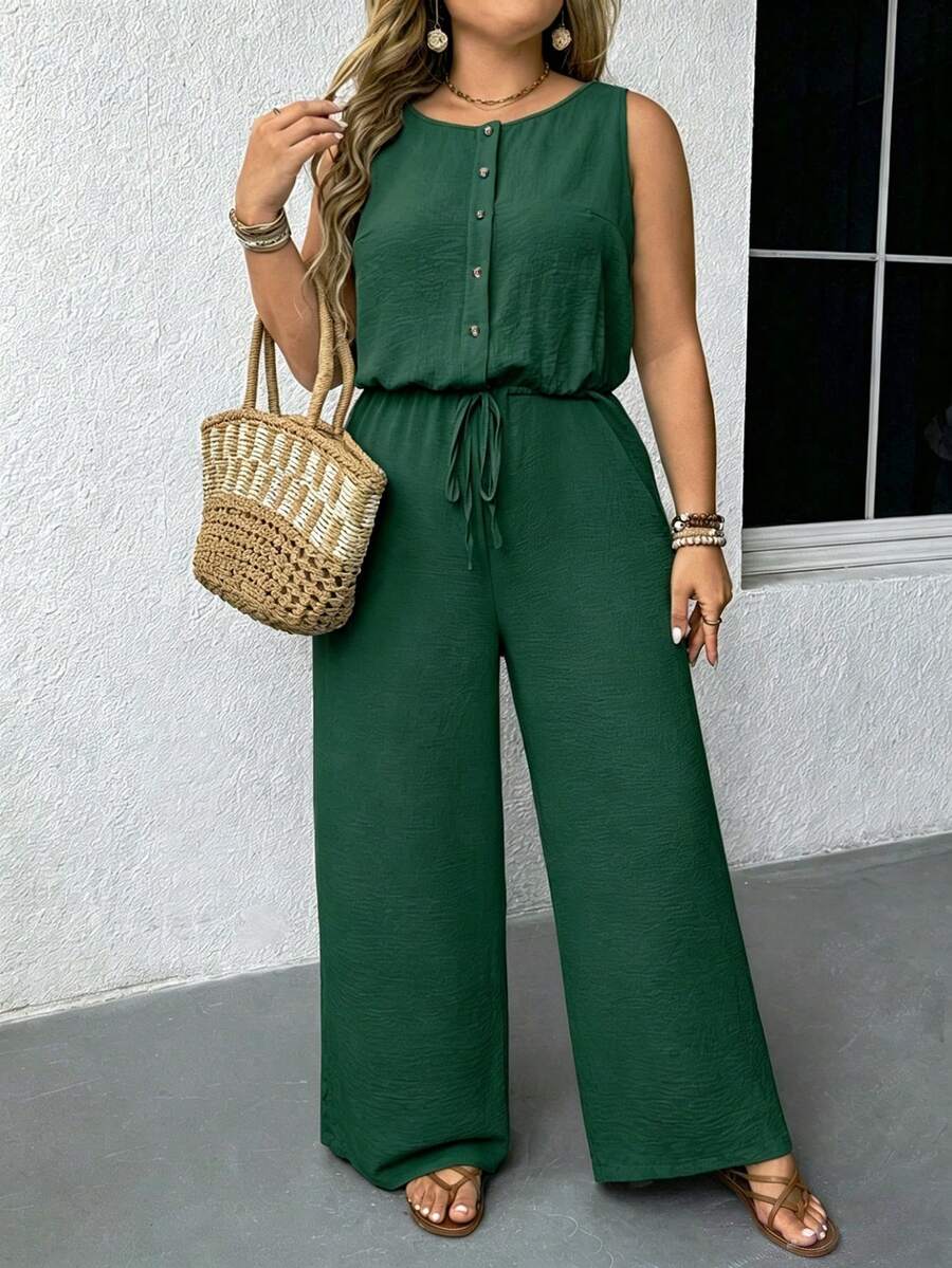 SHEIN Tall CURVE Plus Size Women Backless Embroidered Waist Jumpsuit - Dark Green - View 1