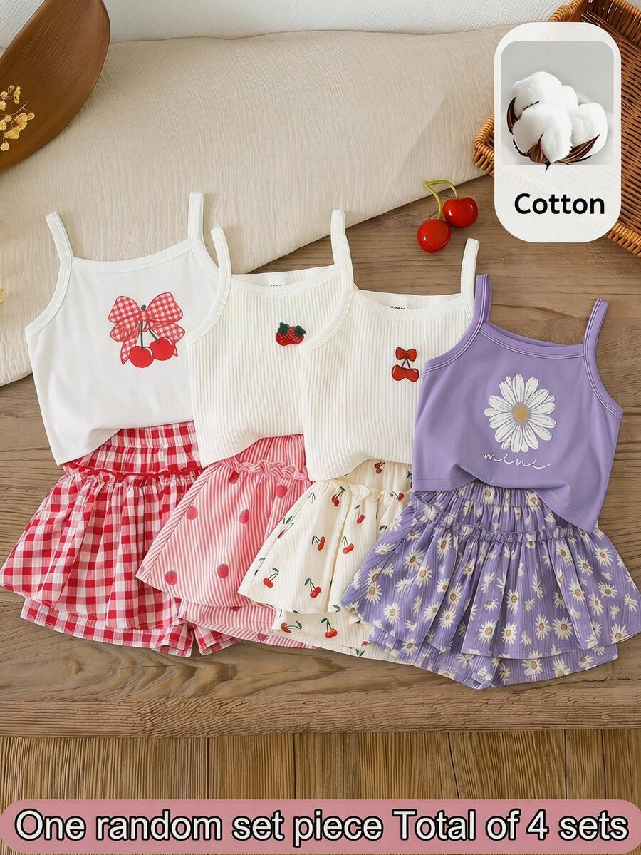 SHEIN LMoss Kids 女童 2 件組 紅白拼接草莓圖案細肩帶上衣與草莓印花短褲 夏季度假可愛套裝 - 彩色 - 查看 1