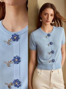 MOTF PREMIUM DELICATE COMMUTING & DATING KNIT TOP WITH 3D FLORAL RHINESTONE DECOR, WAIST CINCHING, CROPPED FIT, ROUND NECK SHORT SLEEVE, LIGHT BLUE, SUITABLE FOR SPRING/SUMMER - Baby Blue - View 2