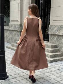 SHEIN 青少年女孩拼色蝴蝶結收腰洋裝，休閒優雅時尚百搭日常穿著，適合儀式、派對及所有場合，新款女童洋裝 - 棕色 - 查看 2