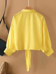 Calvaya Plus Size Casual Solid Color Tie-Up Shirt - Pale Yellow - View 2
