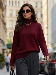 SHEIN Clasi Plus Size Solid Color Turtleneck Warm Long Sleeve T-Shirt, Fashionable For Autumn/Winter Fall - Burgundy - View 8