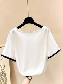 Calvaya Plus Size Women's Elegant Commute Home Daily Casual Colorblock Trim T-Shirt - White - View 2