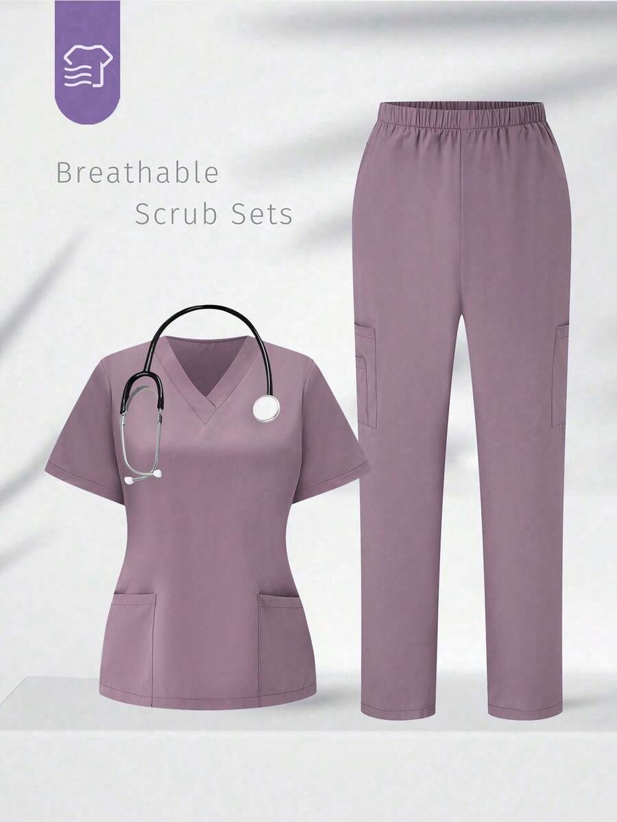TaskEZ Scrubs Set: V-Neck Short Sleeve Top & Pants Scrub Uniform For Healthcare Workers - Dusty Purple - View 1