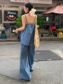 DAZY 女士3D立体花卉装饰吊带背心搭配宽松牛仔裙休闲度假套装 - 藍色 - 查看 5