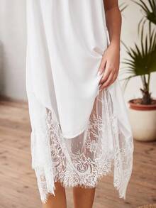 Lullawish Bohemian Style Solid Color Lace Patchwork Bow Decor Long Women Nightgown - White - View 7