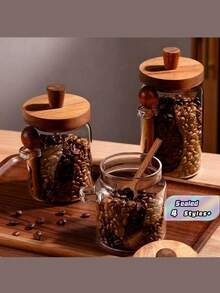 3pcs Glass Coffee Canister Set, Glass Food Storage Jars With Wooden Lids And Spoons, 400ml/600ml/900ml For Food, Nuts, Candy, Spices Airtight Containers (Random Wood Color For Lids And Spoons) - Multicolor - View 1