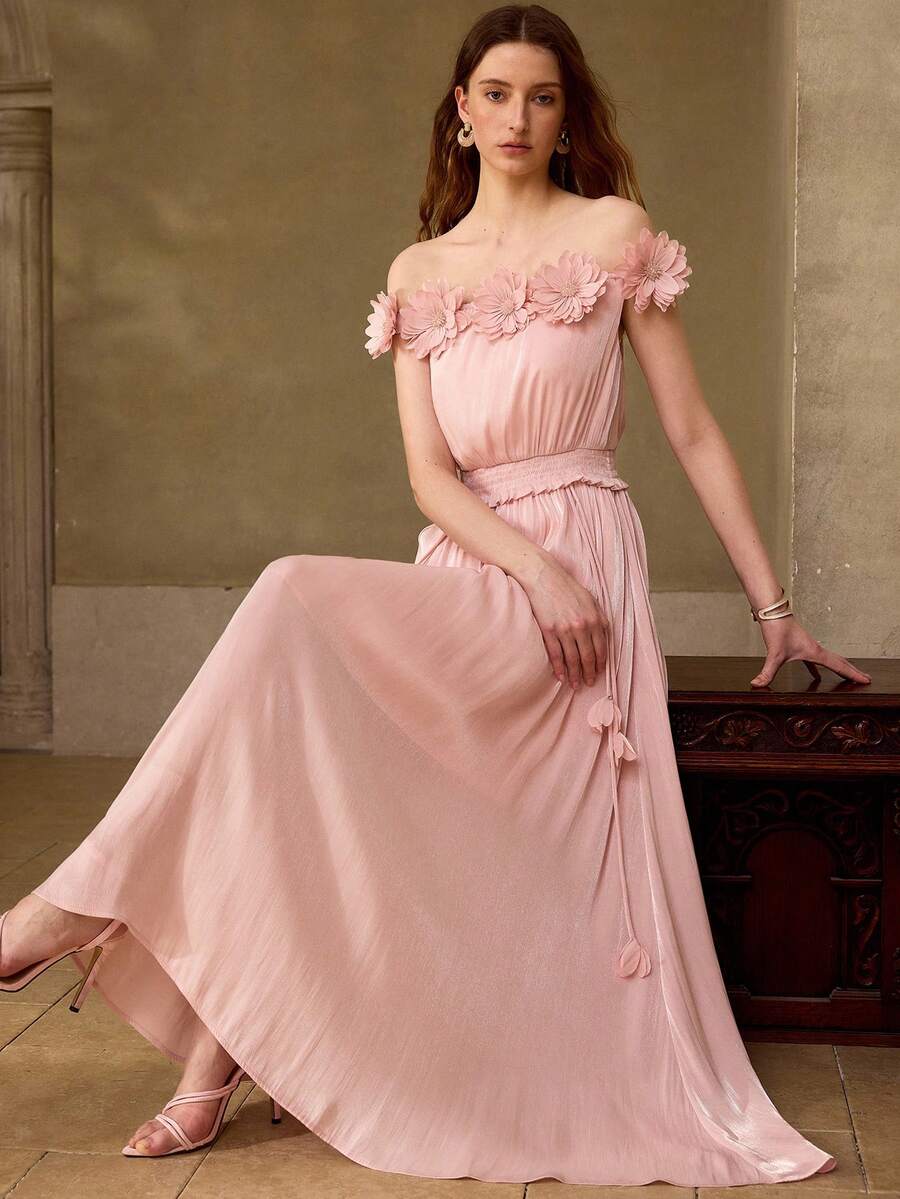 MOTF PREMIUM ELEGANT ROMANTIC HANDMADE 3D FLORAL LONG DRESS FOR WOMEN PARTY DUSTY PINK SUMMER - Pink - View 2