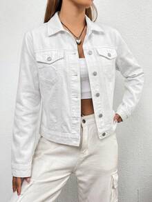 SHEIN EZwear Women's Casual Single-Breasted Long Sleeve Pocket Denim Jacket - White - View 4