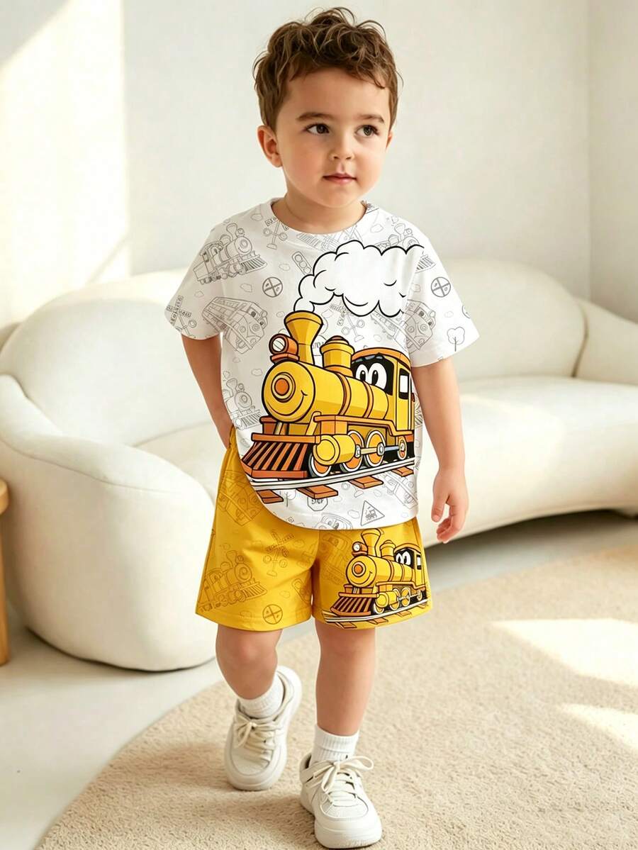 SHEIN Genkimix Kids 2件組/套 適合年輕男孩的休閒舒適百搭套裝,柔軟短袖T恤和短褲運動套裝,卡通火車圖案,適合夏季,時尚休閒穿搭,返校季,適合假期、戶外野餐、街拍、校園、節日、禮物 - 彩色 - 查看 1