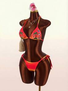 Amplova Ombre Print Beaded Embroidered 2 Pieces Set With Tie, Sexy Tropical Avant-Garde, Suitable For Vacation Outfit, Cute Mini Beach Orange Summer - Multicolor - View 6