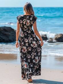 asdSylviya Vestido largo de línea A con volantes en la cintura, mangas cortas con volantes, estampado posicionado, vestido casual de mujer para vacaciones, vestido de verano para mujer, vestido floral, vestido de vacaciones, vestido con volantes, vestido bohemio, vestido tropicalasd 7GW7 - Negro - Ver 2