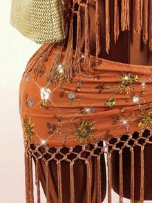 Amplova Women's Retro Sexy Avant-Garde Beaded Embroidered Floral Tassel Hem Cute Mini Skirt, Suitable For Vacation - Orange - View 5