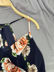 SHEIN Clasi Floral Print High Low Hem Spring Cami Top - Navy Blue - View 3