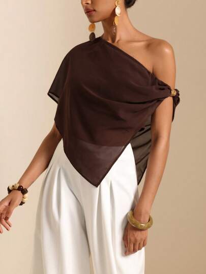 Vesra Women's Asymmetric Metal Decor Off-Shoulder Blouse, Summer