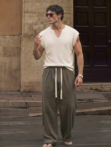 SERO LANO Men's Casual Loose Solid Color Linen Pants - Coffee Brown - View 2