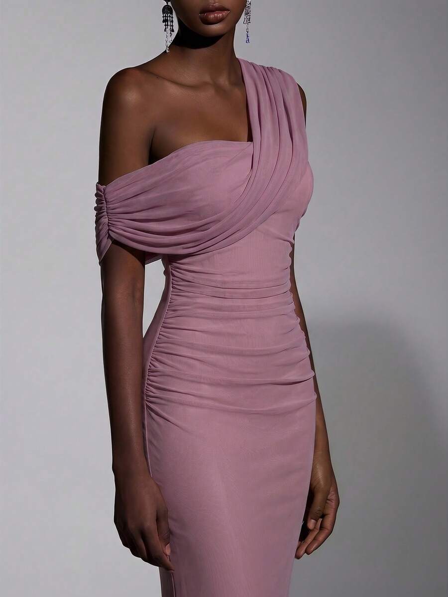 Elitara 2025 New Elegant Mesh One Shoulder Ruched Fitted Maxi Dress, Suitable For Weddings, Formal Events, Bridesmaid Dresses - Dusty Pink - View 1
