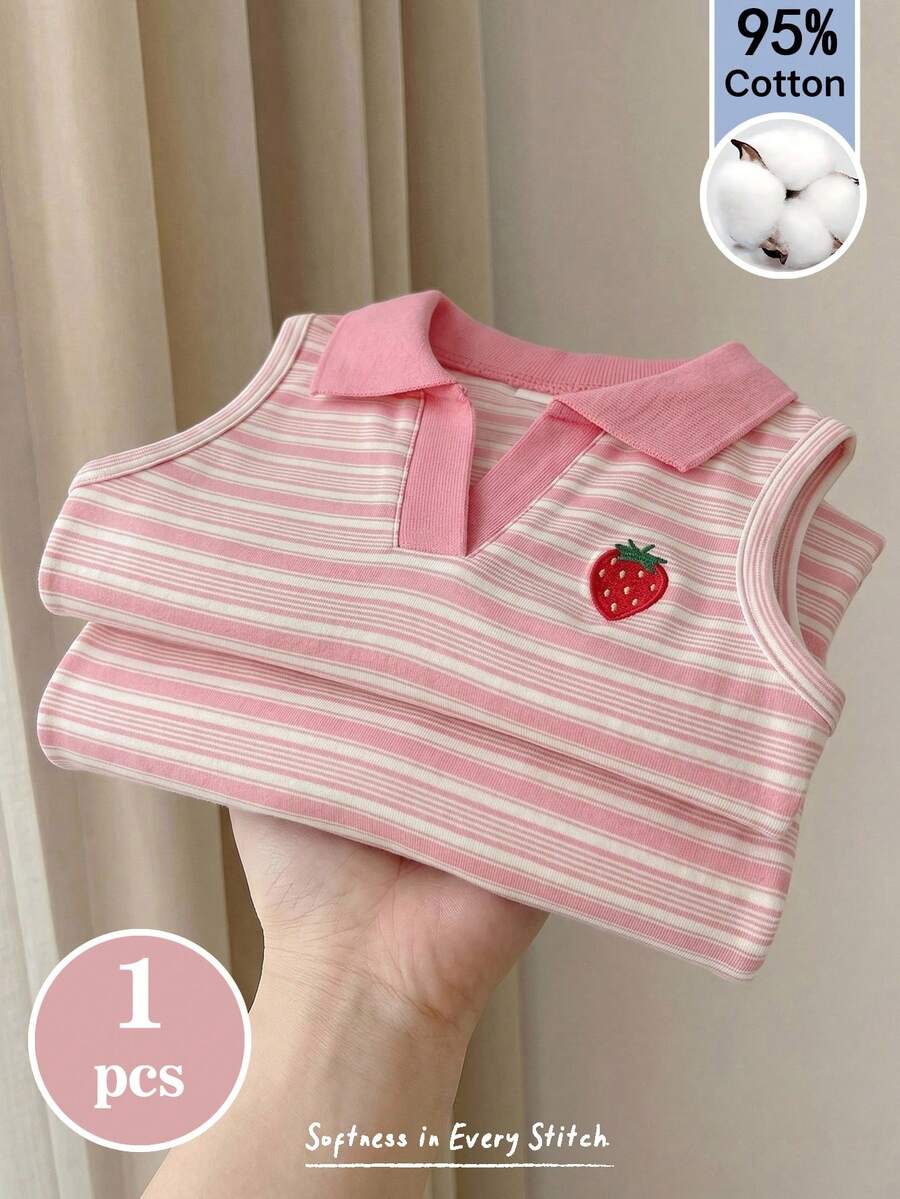 Cozy Pixies Áo polo không tay kẻ sọc thêu hình dâu tây dễ thương cho bé gái, đa năng cho mùa hè. - Nhiều màu - Xem 1