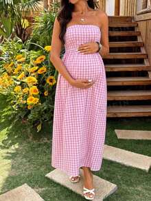 SHEIN Maternity Plaid Ruched Casual Vacation Dress - Pink - View 6