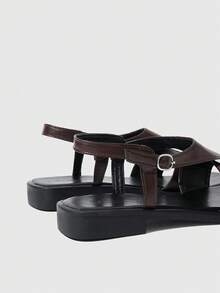 HighSole Sandalias de tacón para mujer, diseño retro con suela gruesa y aumentadora de altura, sandalias romanas de verano 2026 con nuevo diseño de nicho, de cuero y con punta abierta - Marrón - Ver 5