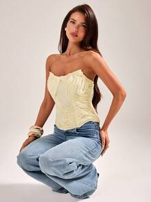 Top corto de mujer de color amarillo albaricoque con textura, estilo corset, top tubo sin mangas, para usar en primavera/verano - Albaricoque - Ver 6