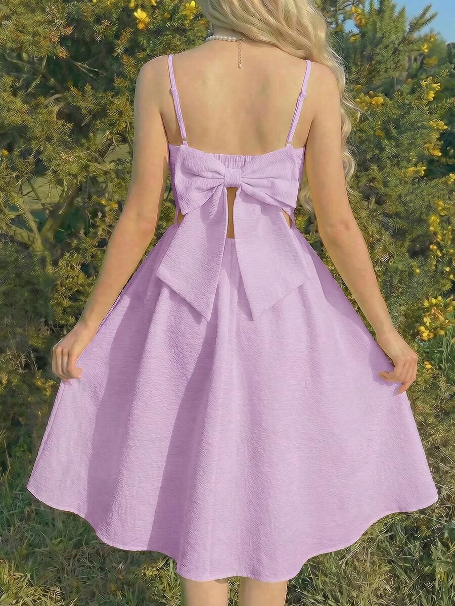 SHEIN Girlism Vestido de tirantes finos con lazo decorativo en la espalda de unicolor para niña preadolescente - Púrpura malva - Ver 1
