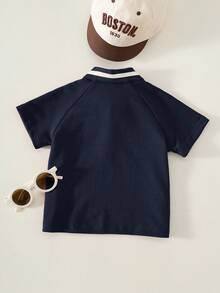 SHEIN Áo polo tay ngắn màu đỏ chất liệu pique, kiểu dáng thường ngày, đa năng, thích hợp cho bé trai, mùa xuân/hè. - Màu xanh hải quân - Xem 2