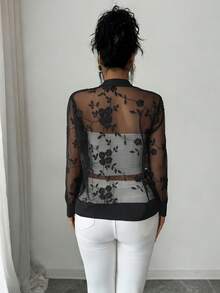 SHEIN Elenzya Áo khoác nữ cổ đứng thêu lưới, chất liệu nhẹ. - màu đen - Xem 2