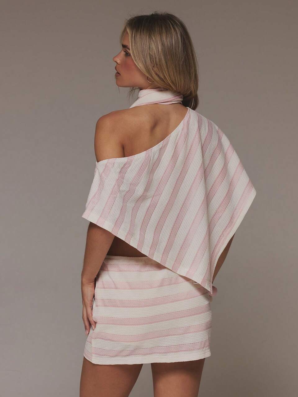 Pink Knit Style Striped Asymmetric Cape Top And Micro Mini Skirt Matching Scarf Sold As Set
