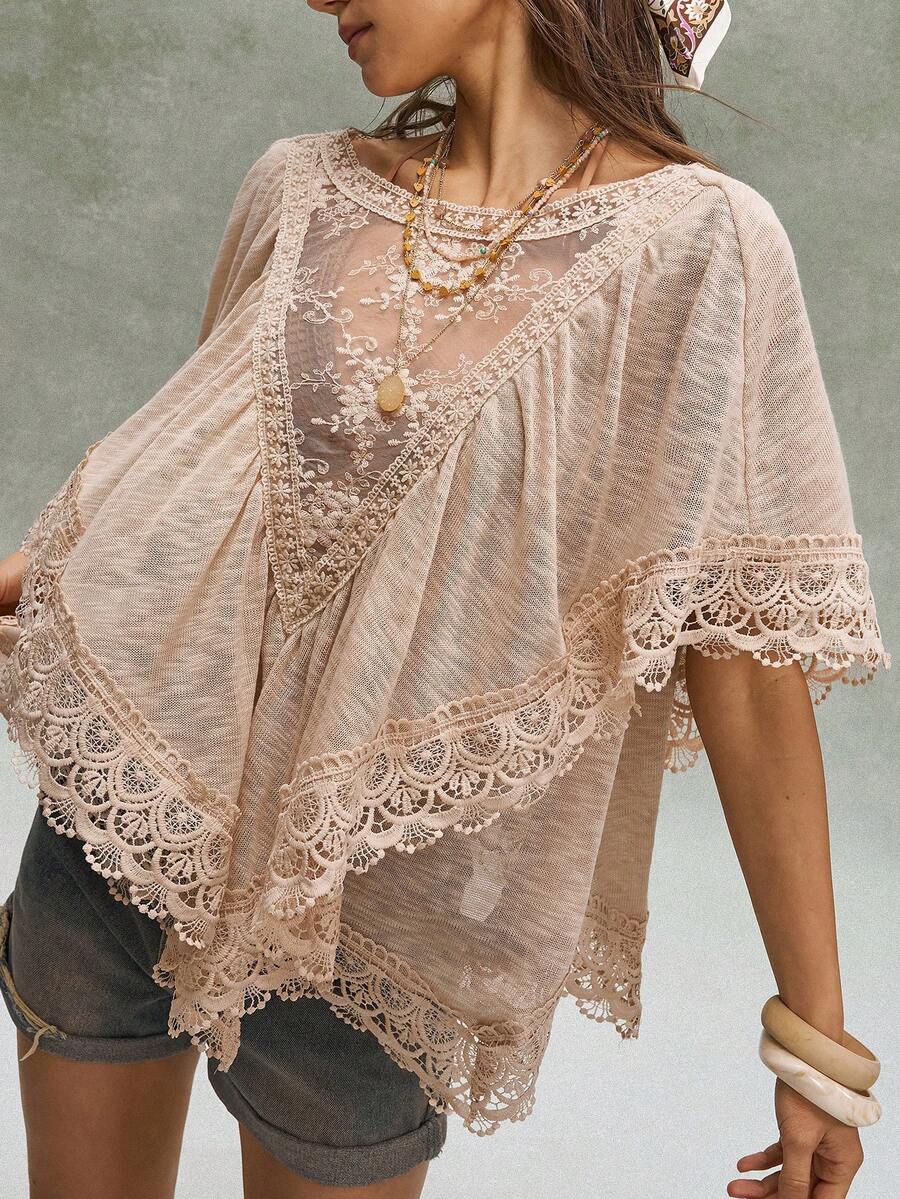 Bohemela Women's Casual Sexy Solid Color Knit Contrast Lace Ruffle Hem Loose T-Shirt Golf Pastal - Apricot - View 1