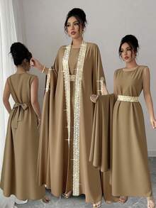 Rafferiza Women's Patchwork Ribbon Batwing Sleeve Cardigan And Dress Elegant 2 Pieces Set Clothes For University - Khaki - View 8