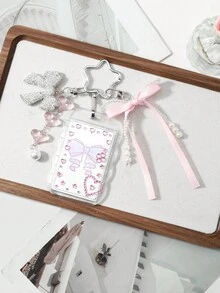ROMWE Kawaii 1 Ins創意甜美軟萌可愛女孩高質感粉白樹脂愛心手工串珠白色仿珍珠網格波點軟陶水鑽滿鑽閃亮蝴蝶結四葉草DIY鑽飾模型，附送A Love Star水鑽貼紙，壓克力透明蕾絲滑蓋卡套校園卡交通卡星卡卡夾鑰匙圈配件包掛飾，適合上班族、學生、派對愛好者、日常配戴、節日禮物 - 粉白色-164 - 查看 11