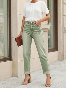 SHEIN LUNE Pantaloni di jeans con chiusura lampo e tasche, versatili, per donne taglie forti - Verde - Visualizzare 8
