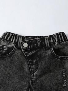 SHEIN ChillGRL 2025 Y2K 休闲日常百搭街头风不对称腰部破洞宽松阔腿直筒百搭舒适牛仔裤，适合年轻女孩日常穿着，热销单品 - 淺灰色 - 查看 7