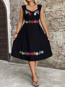 Breezaya Plus Size Floral Embroidery Sleeveless Casual Boho Vacation Dress Black Summer - Multicolor - View 4