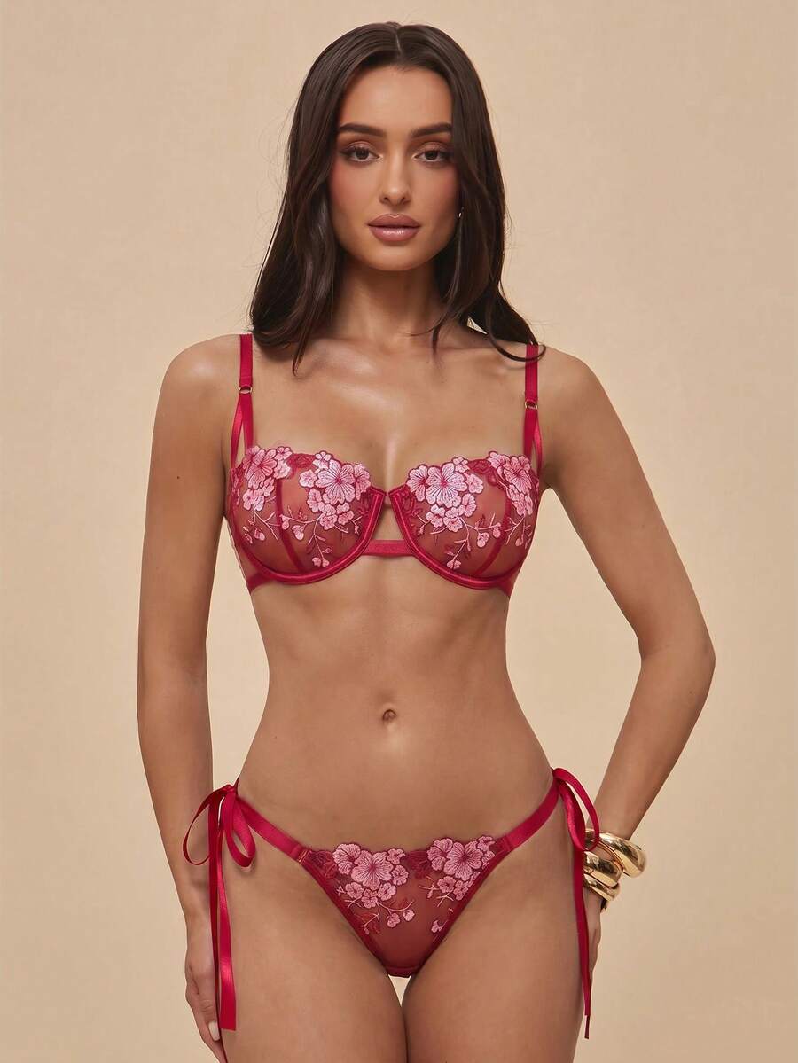 Silquee 2pcs/Set Pakaian Dalam Wanita Bra dan Celana Dalam Jala Bordir Bunga Set Pakaian Dalam Motif Bunga Set Pakaian Dalam Berkawat Set Pakaian Dalam Motif Kupu-kupu Set Pakaian Dalam Transparan Set Pakaian Dalam Bordir - MultiWarna - View 1