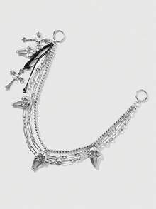 ROMWE 1 Y2k Sweet Cool Babes Heavy Industry Punk Personalized Dark Wind Goth Black Woven Knotted Leather Rope Lace Silver Double Chain Handmade Beaded CCB Round Bead Skull Hollow Crown Cross Screaming Grimace Pendant DIY Women's Trouser Chain Waist Chain Bag Pendant, Suitable For Girls And Ladies Daily Wear, Holiday Gifts - Silver - View 7