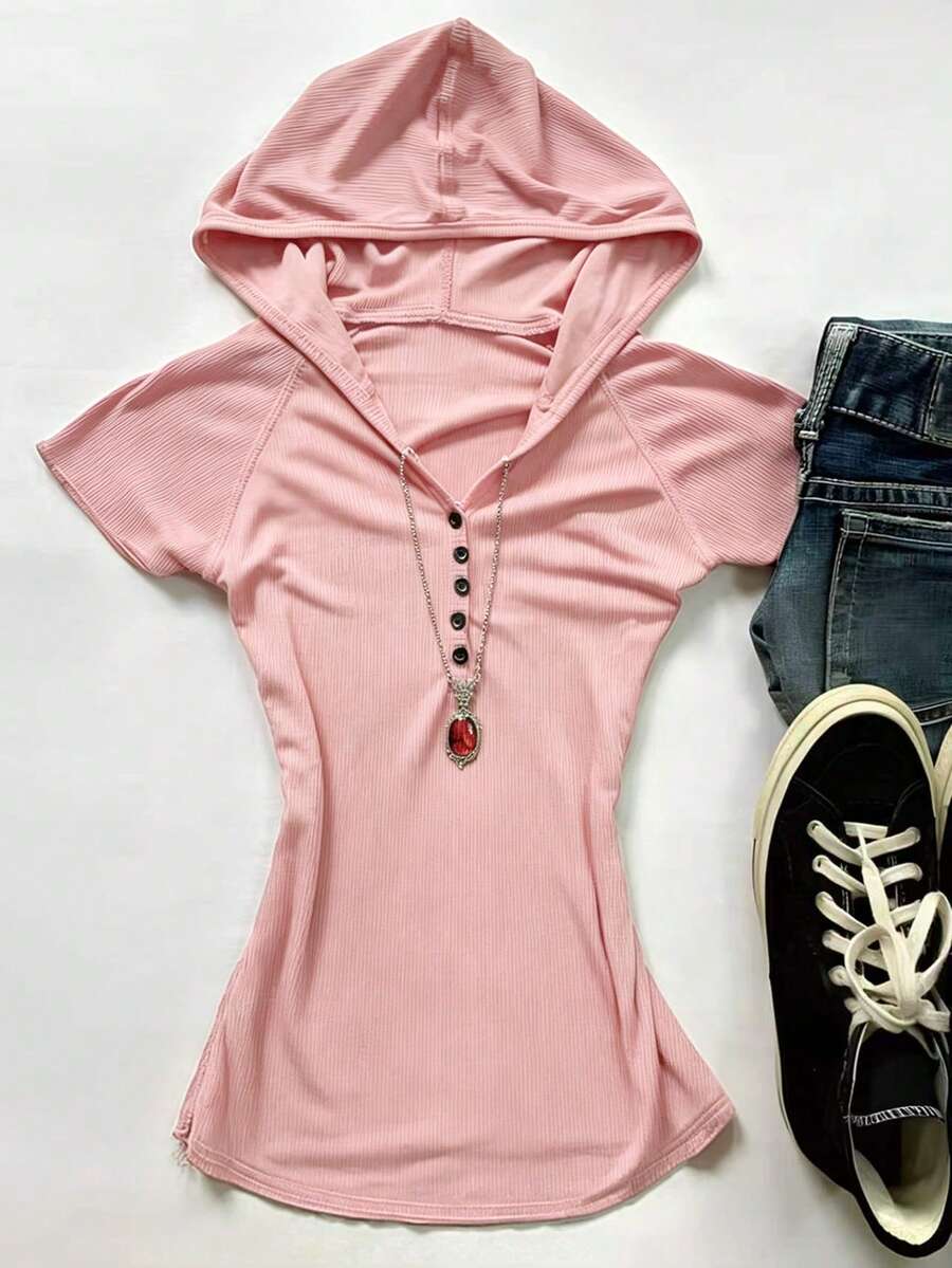 Glimmora Áo thun ngắn tay cổ Henley phong cách Y2K retro dành cho nữ, thích hợp cho mùa hè. - Hồng - Xem 1