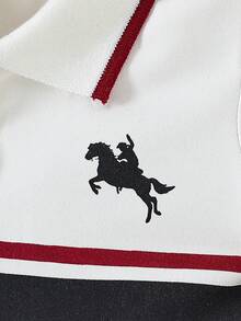 SHEIN 1件女嬰 Polo領條紋馬匹印花休閒運動風收腰 A字洋裝，適合夏季日常出遊、購物、旅行與度假 - 彩色 - 查看 8